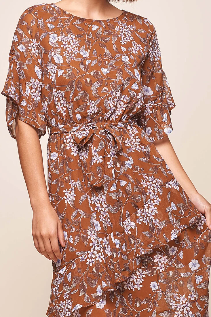 Jackson Waist Tie Ruffle Dress Rust Print - Image 5