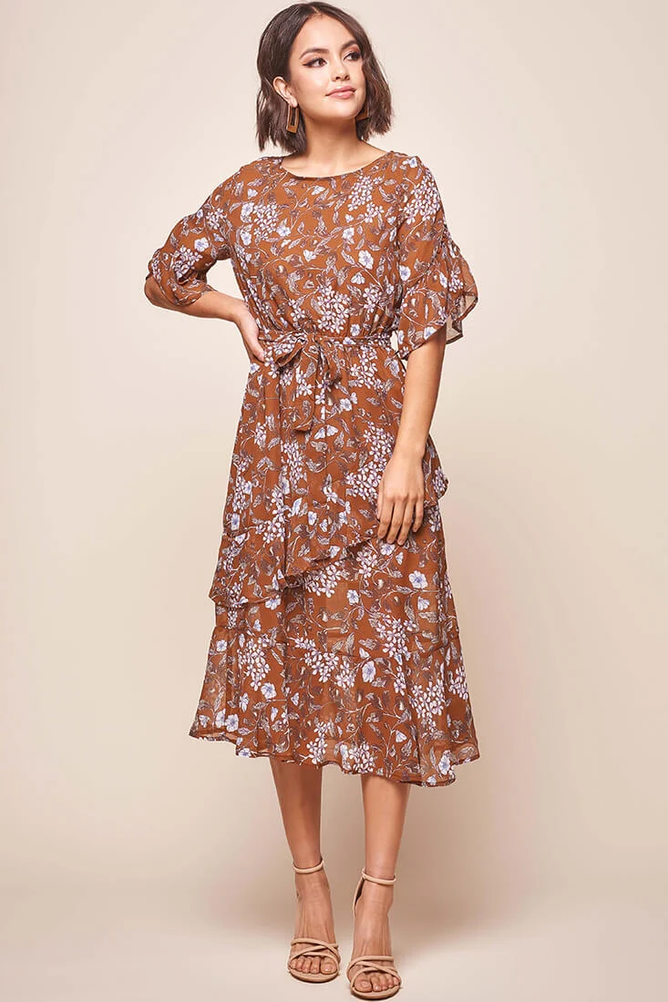 Jackson Waist Tie Ruffle Dress Rust Print - Image 6