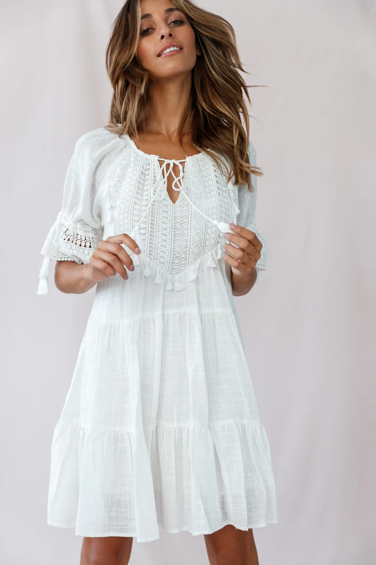 Jada Crochet and Tassel Kaftan Dress White - Image 2