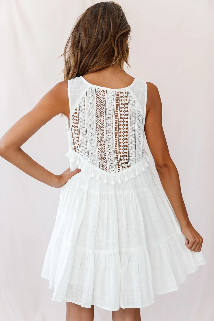 Jada Sleeveless Crochet and Tassel Kaftan Dress White - Image 3