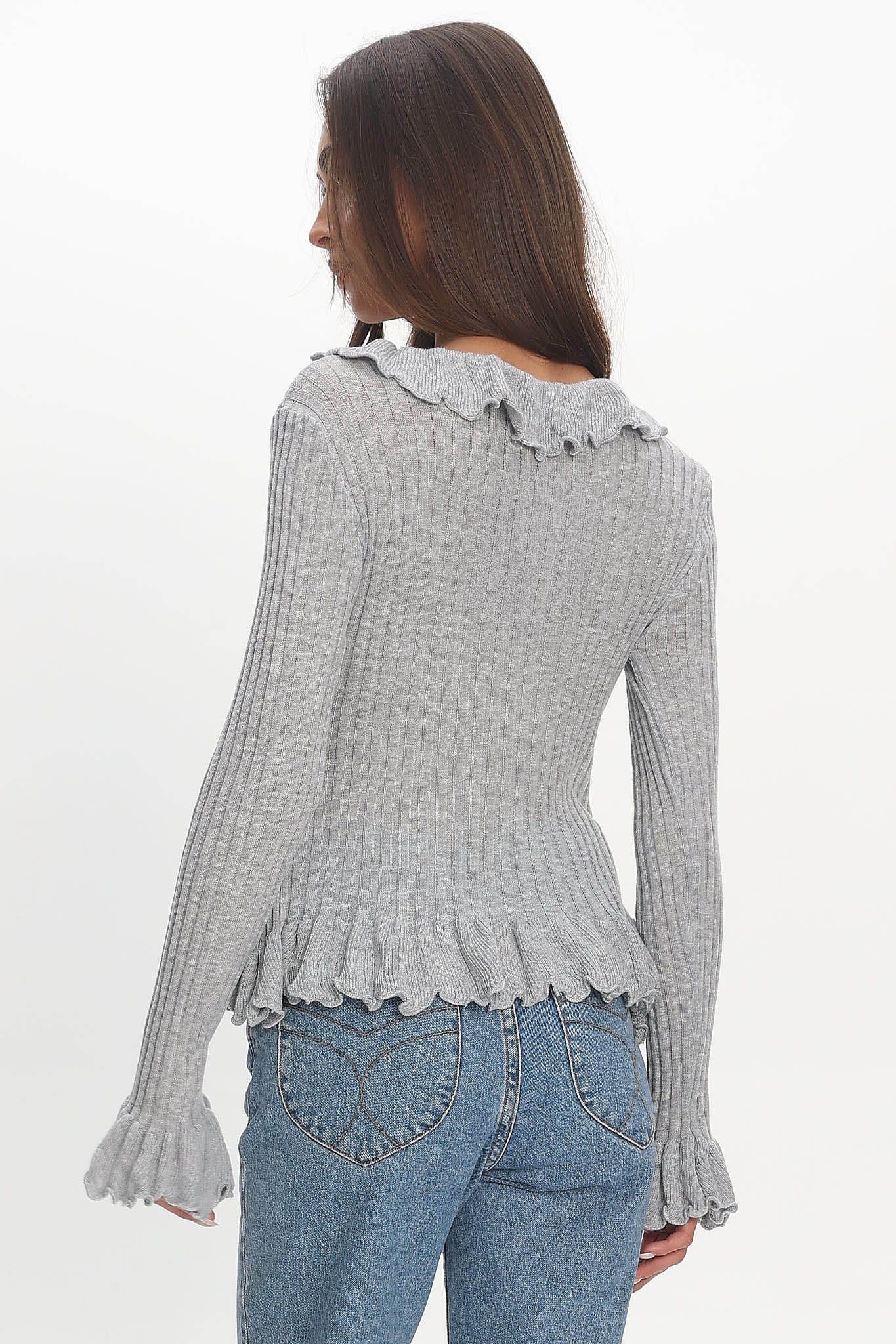 Jaimy Ruffle Trim Knit Cardigan Grey - Image 4