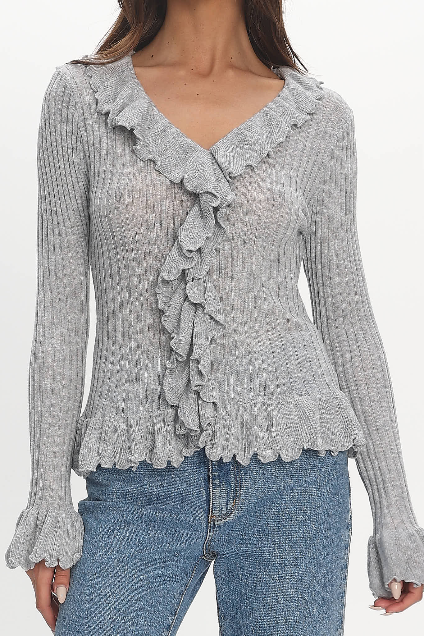 Jaimy Ruffle Trim Knit Cardigan Grey - Image 5