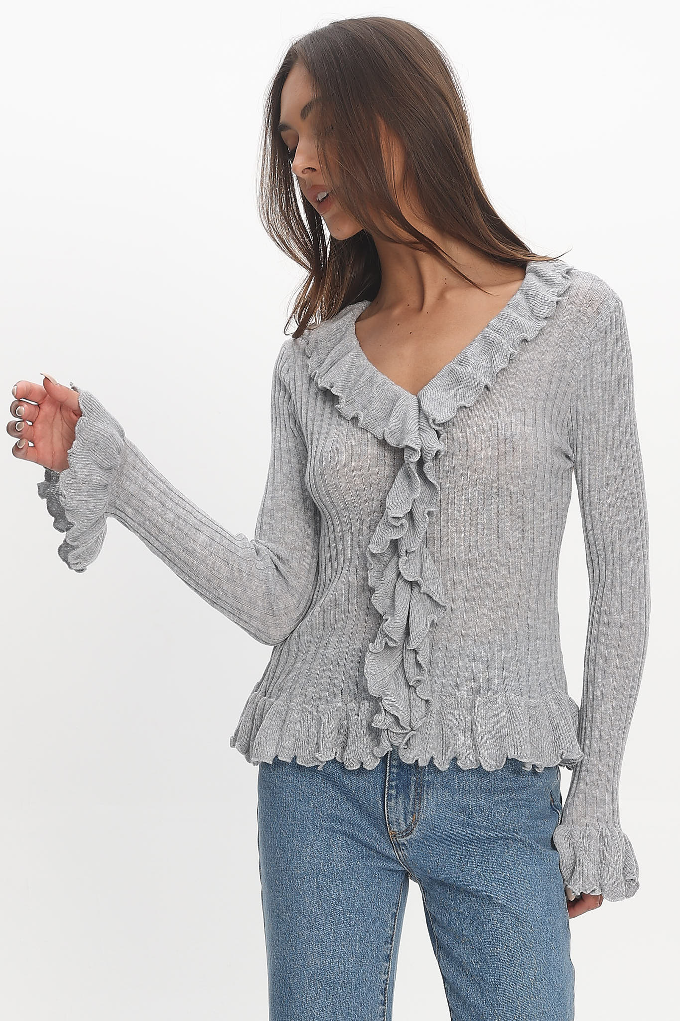 Jaimy Ruffle Trim Knit Cardigan Grey - Image 6