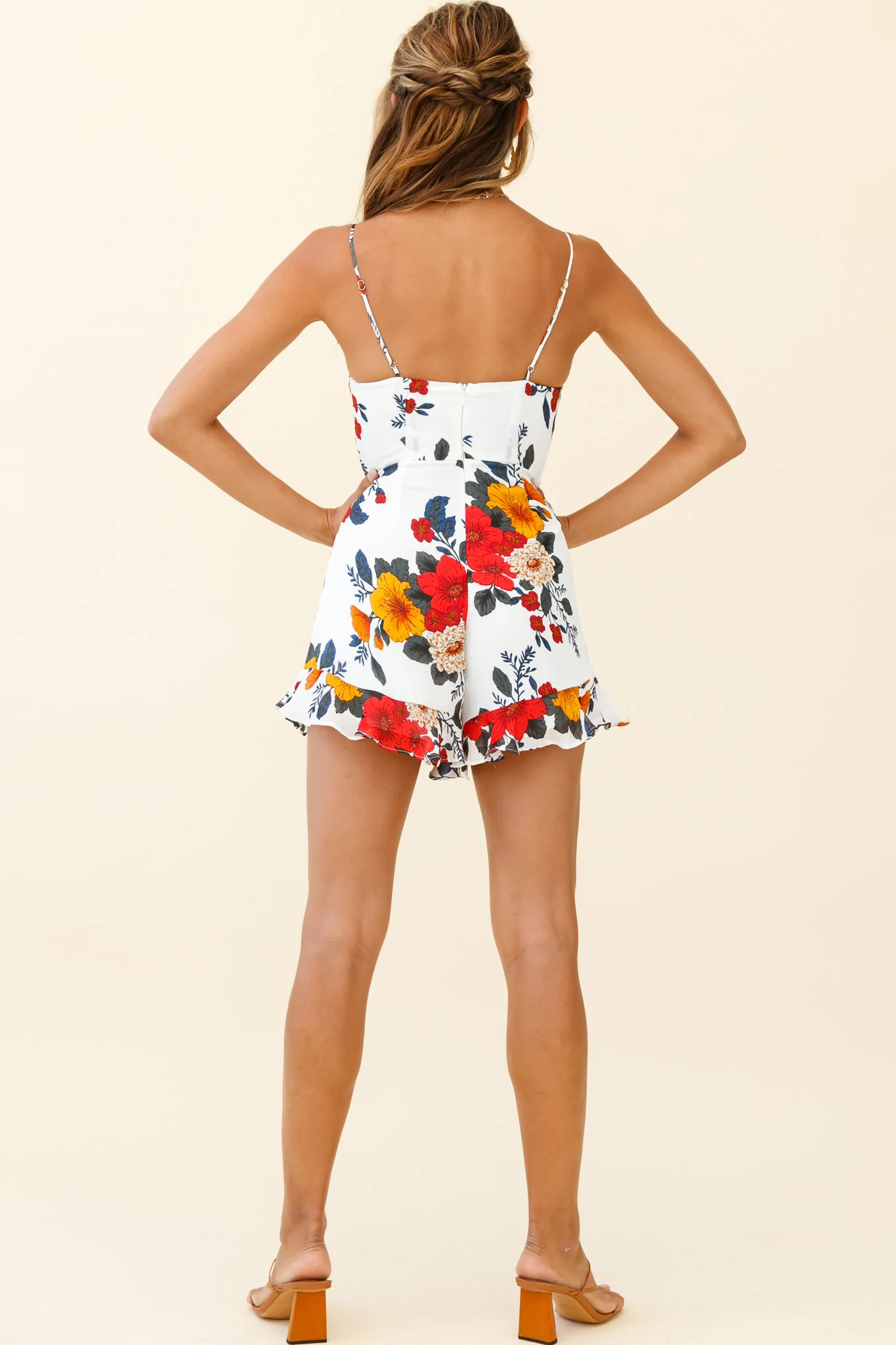 Janie Ruched Bust Ruffle Hem Romper Floral Bouquet Print White - Image 5