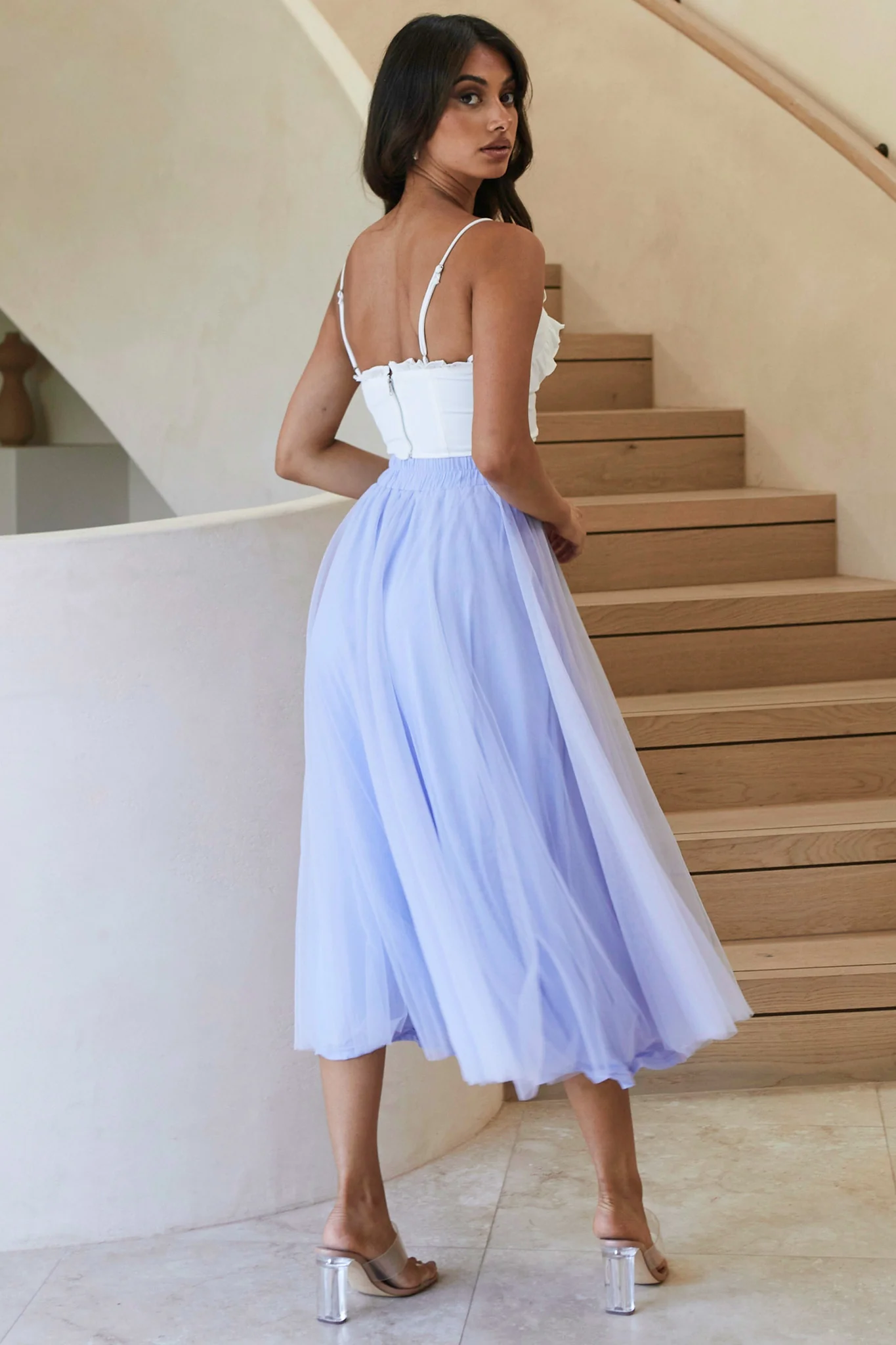Jasmine Organza Mesh Elasticated Waist Midi Skirt Lavender - Image 3