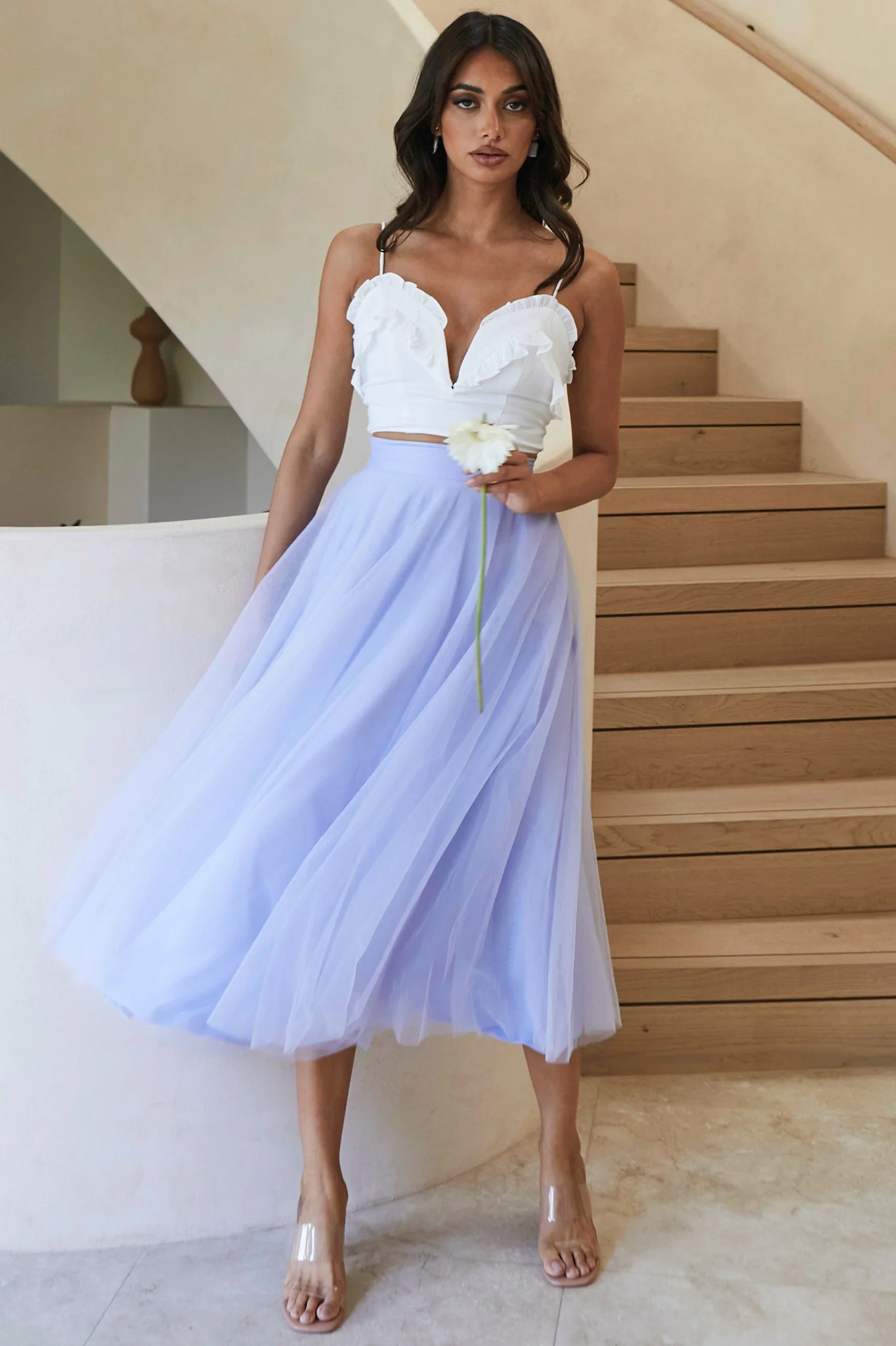 Jasmine Organza Mesh Elasticated Waist Midi Skirt Lavender - Image 4