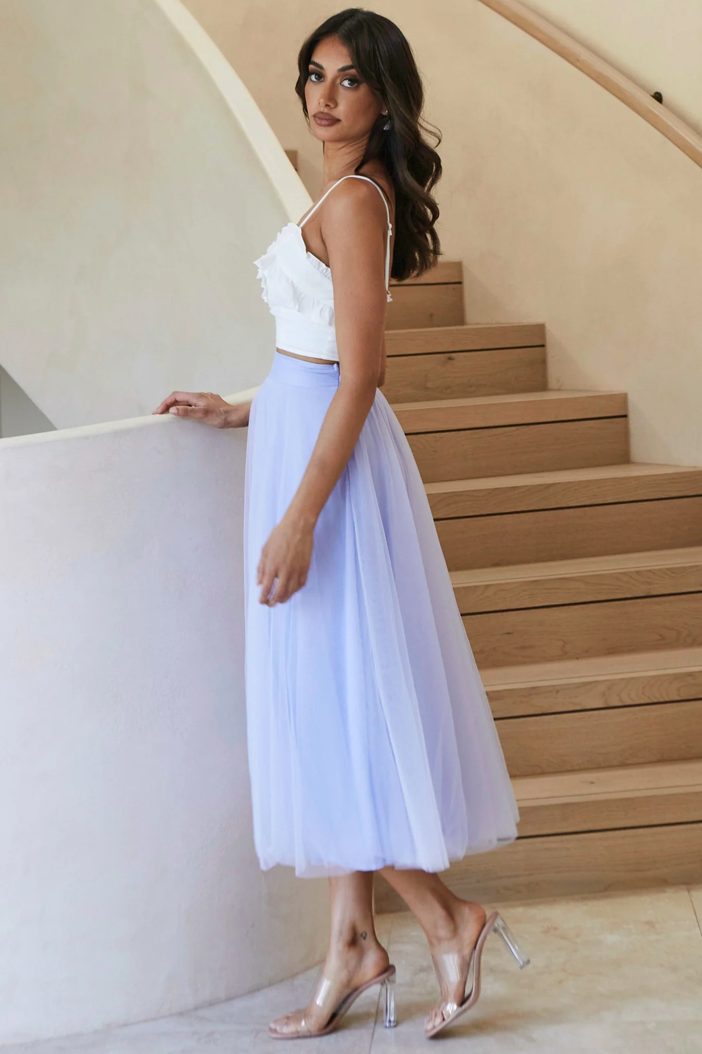 Jasmine Organza Mesh Elasticated Waist Midi Skirt Lavender - Image 5