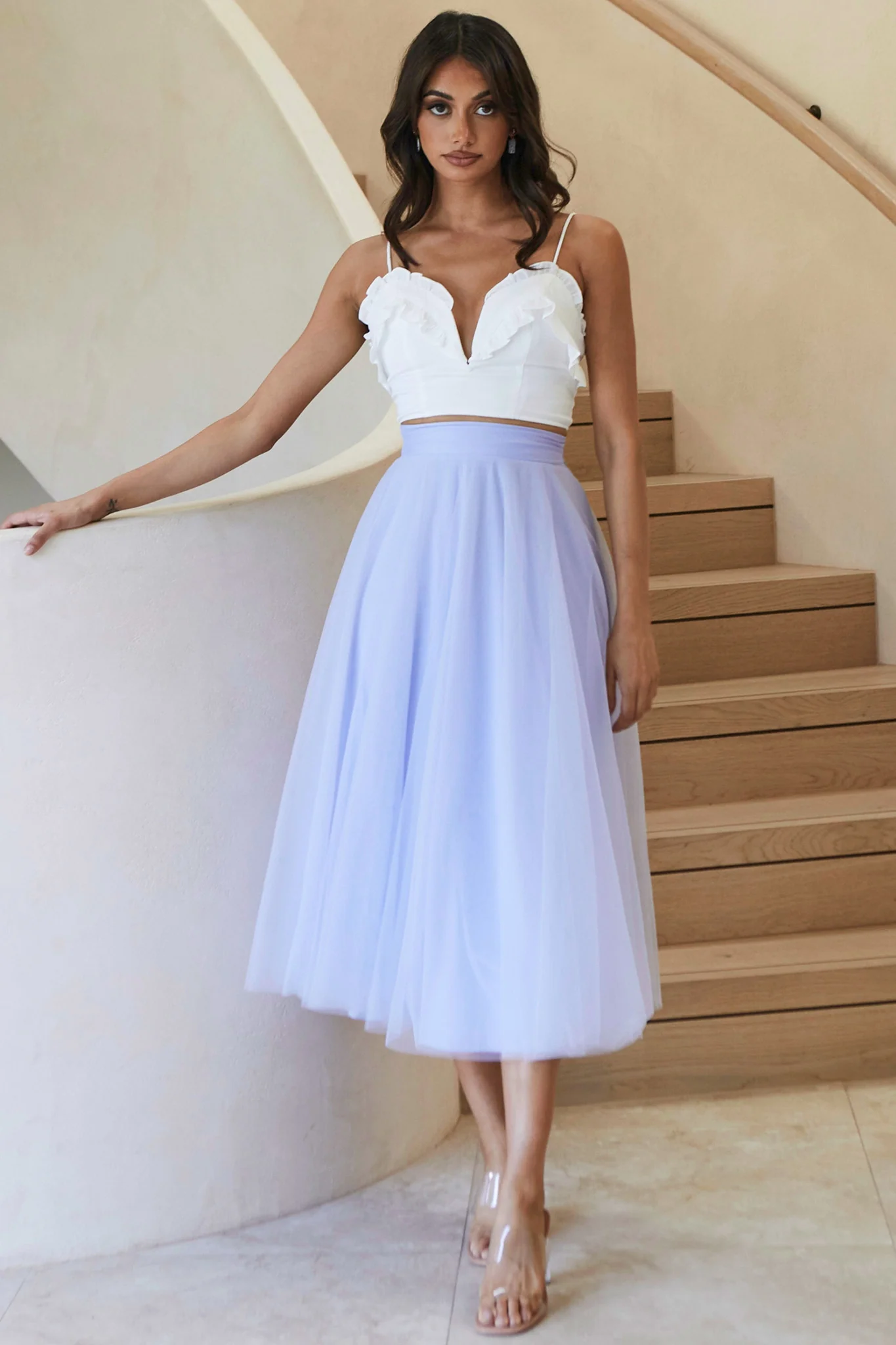 Jasmine Organza Mesh Elasticated Waist Midi Skirt Lavender - Image 6