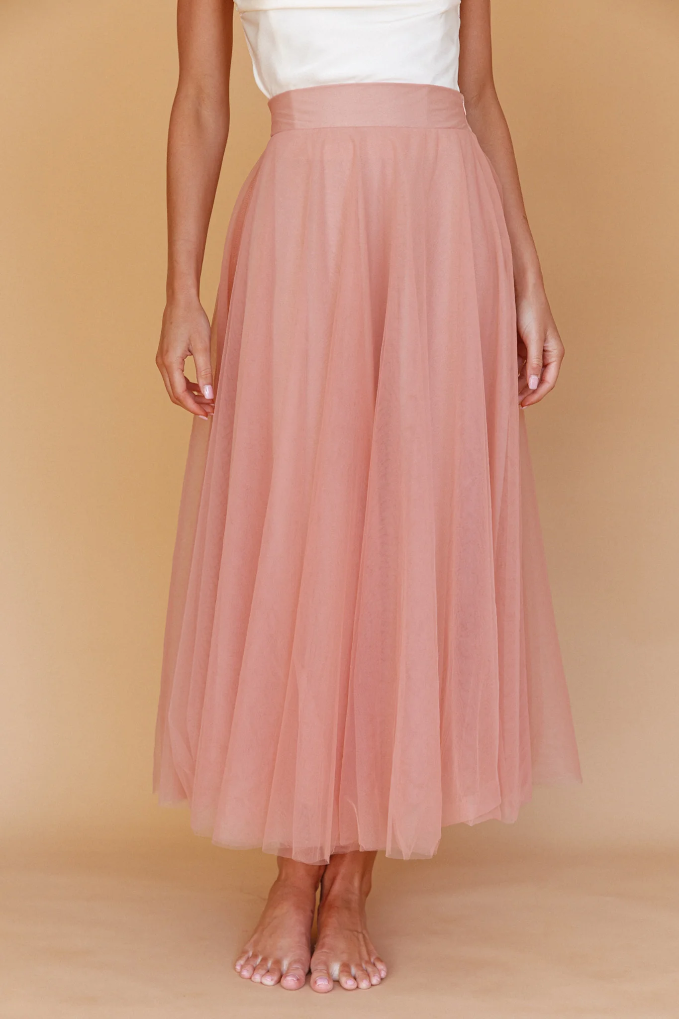 Jasmine Organza Mesh Elasticated Waist Midi Skirt Lipstick - Image 4