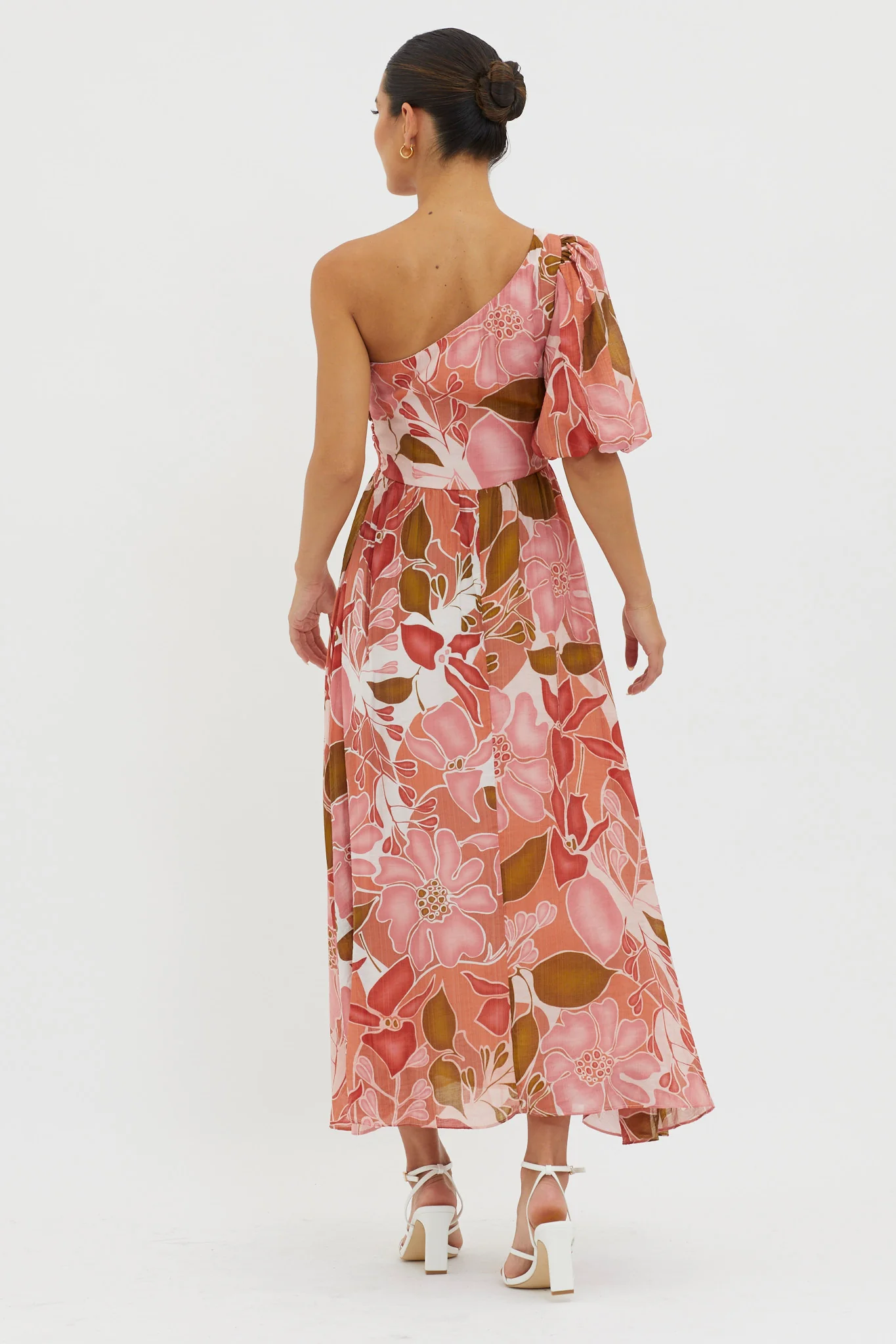 Jayni Puffed One Shoulder Midi Dress Red - Image 2