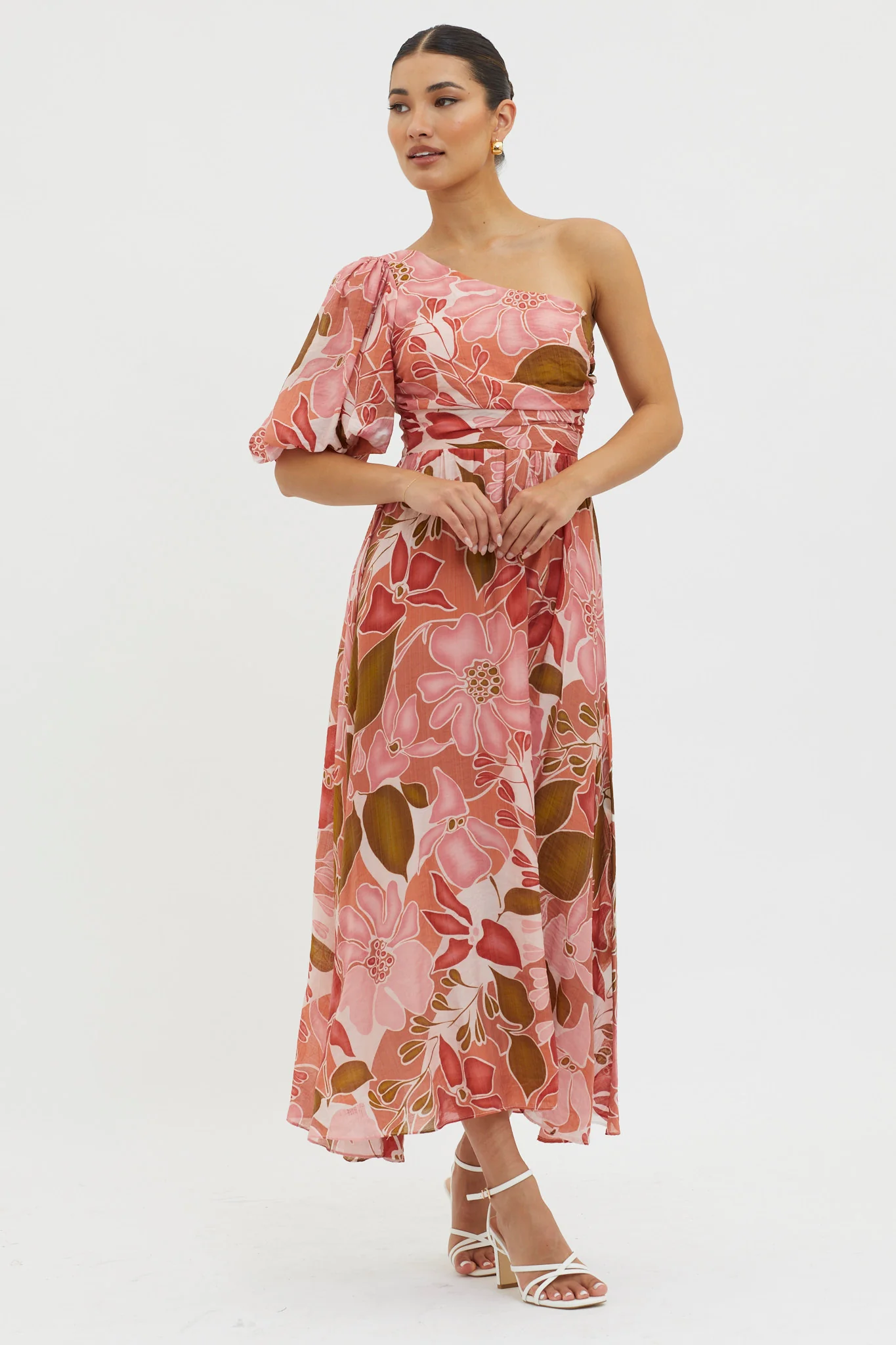 Jayni Puffed One Shoulder Midi Dress Red - Image 3