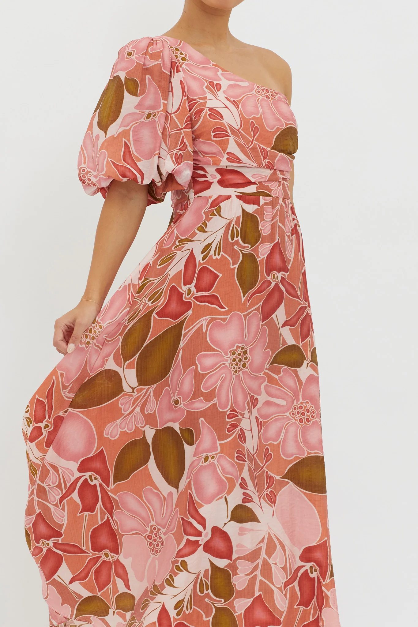 Jayni Puffed One Shoulder Midi Dress Red - Image 4