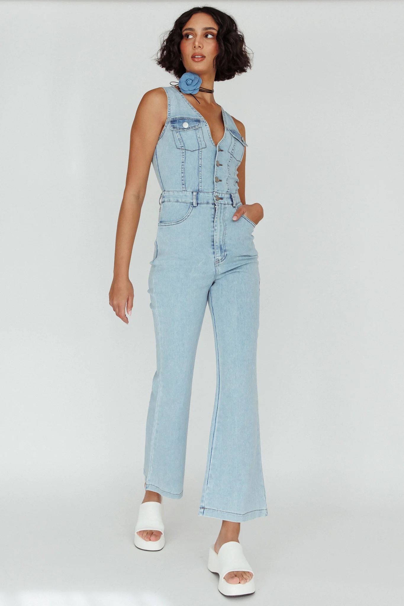 Jazelle Button Front Jumpsuit Washed Blue - Image 3