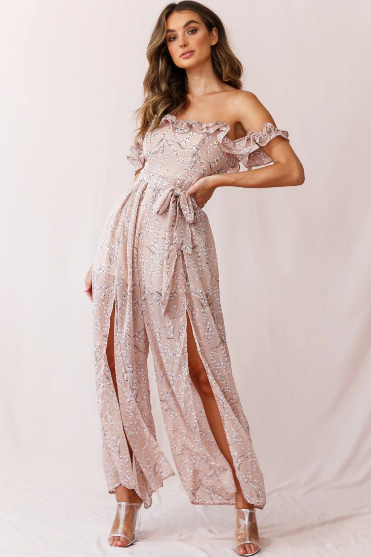 Jazz Bardot Neckline Wide Leg Split Jumpsuit Floral Print Blush - Image 2