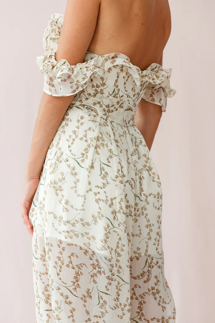 Jazz Bardot Neckline Wide Leg Split Jumpsuit Floral Print White - Image 4