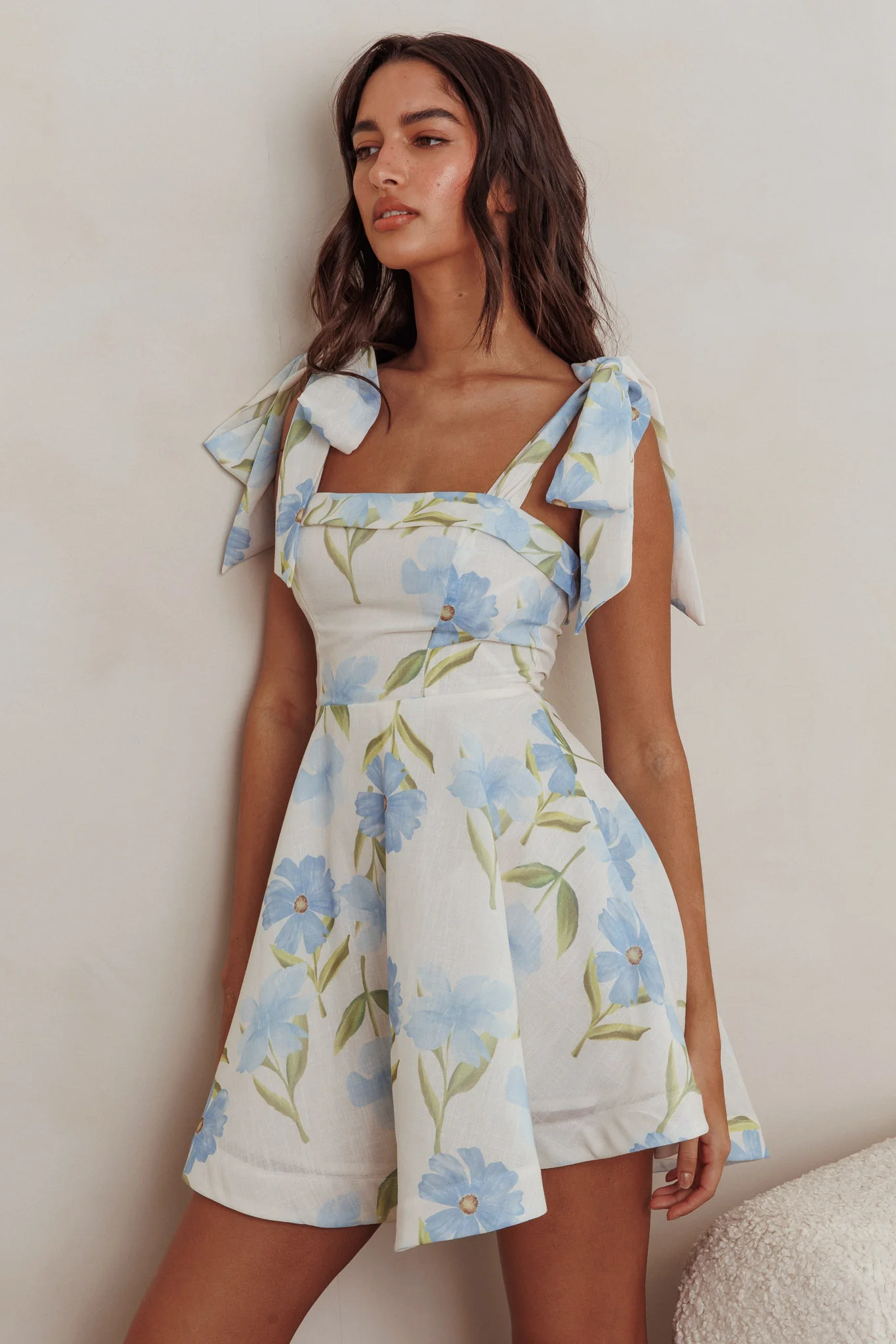 Jeanie Tied Shoulder Mini Dress Flower Blue - Image 7