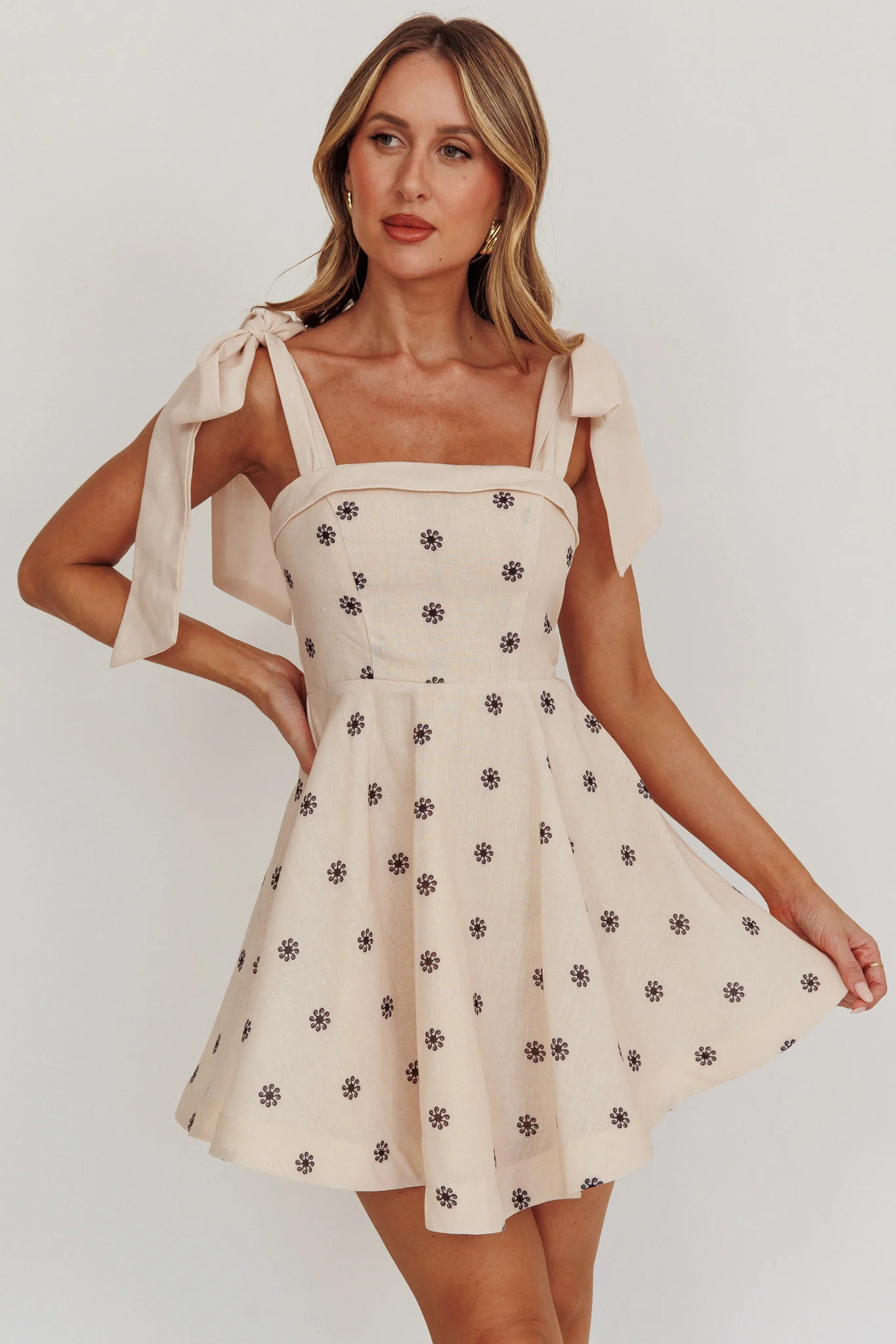 Jeanie Tied Shoulder Mini Dress Oat - Image 5