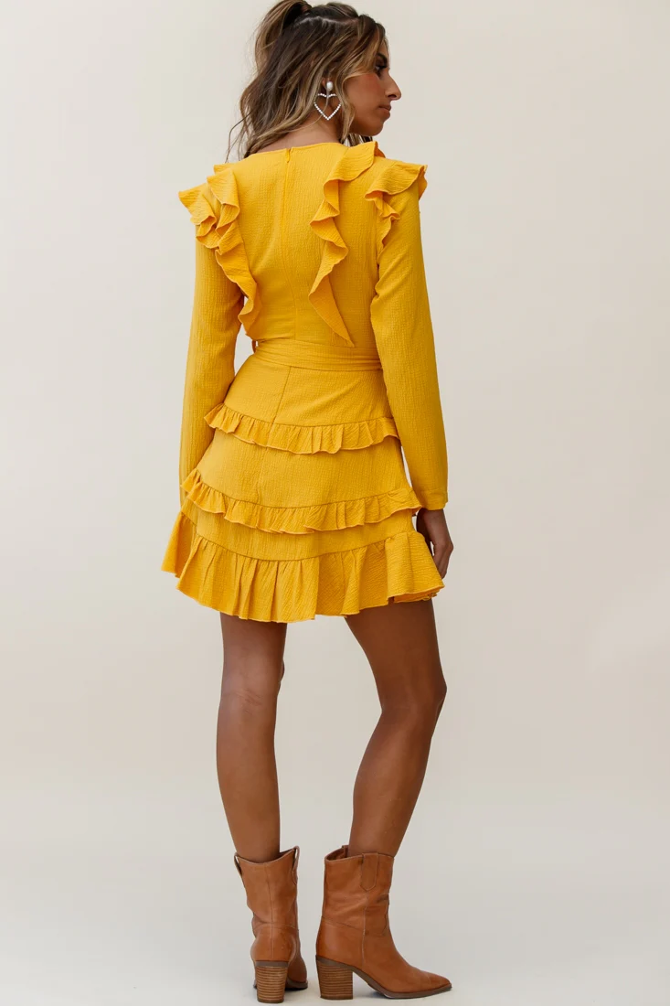 Jemirah Ruffle-Trimmed Long Sleeve Frill Dress Mustard - Image 3