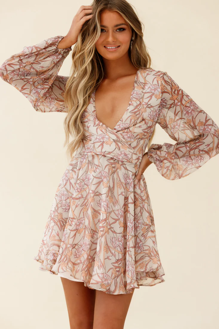 Jessinta Long Sleeve Pintuck Waist Dress Floral Print Nude - Image 4