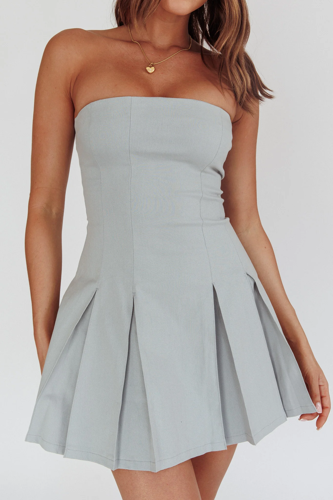 Jeziah Strapless Box Pleat Mini Dress Light Denim - Image 5
