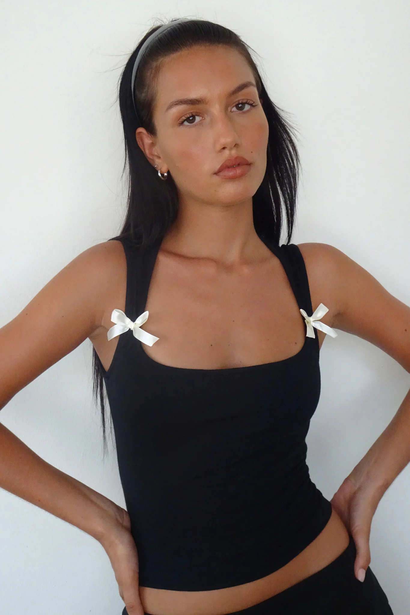 Jiniso Crop Top In Black With Ivory Bows - Image 3