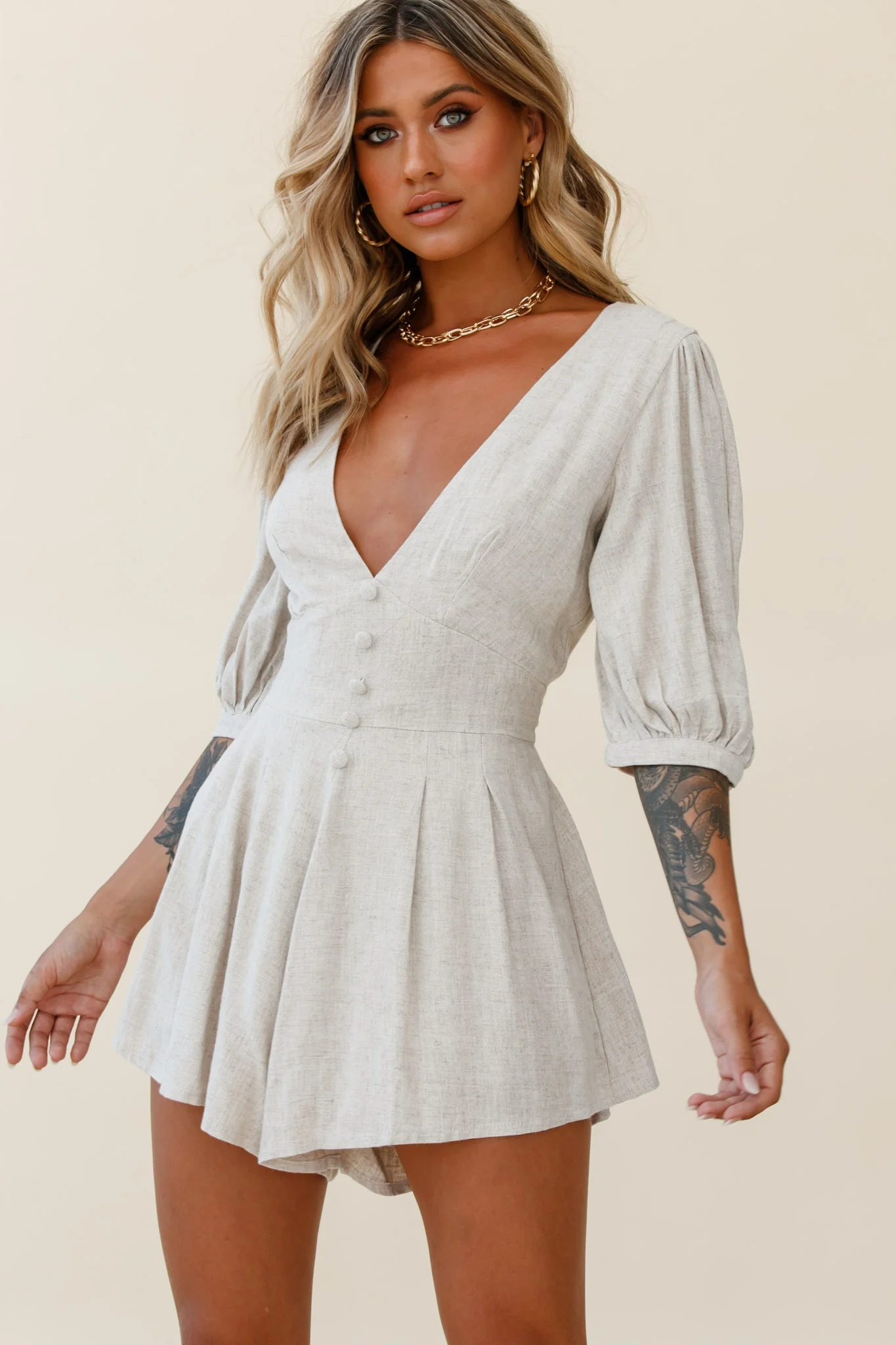 Jinka Balloon Sleeve Structured Bodice Romper Natural - Image 10
