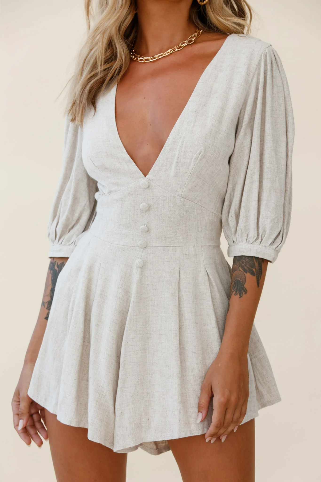 Jinka Balloon Sleeve Structured Bodice Romper Natural - Image 12