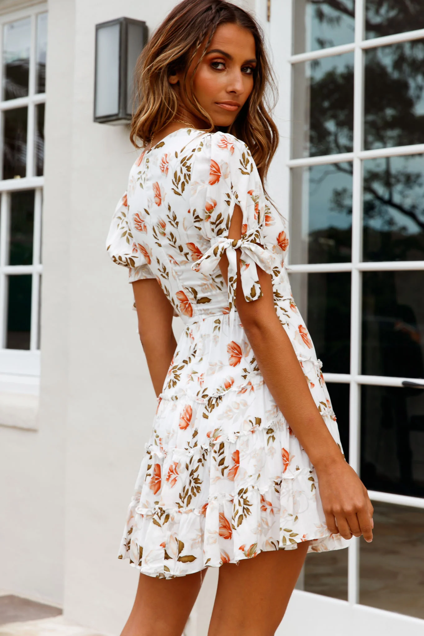 Jocelyn Short Sleeve Tied Cuff Layered Ruffle Dress Floral Print White - Image 2