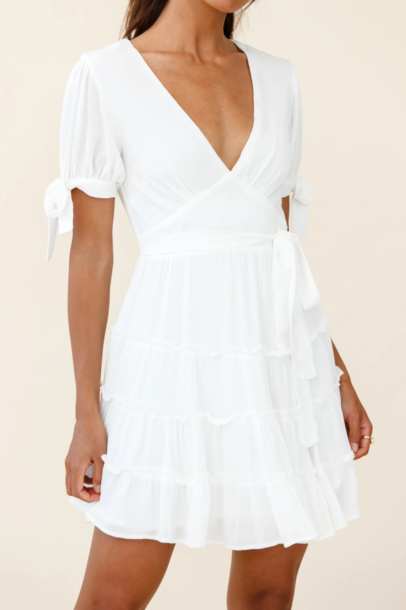 Jocelyn Short Sleeve Tied Cuff Layered Ruffle Dress White - Image 4