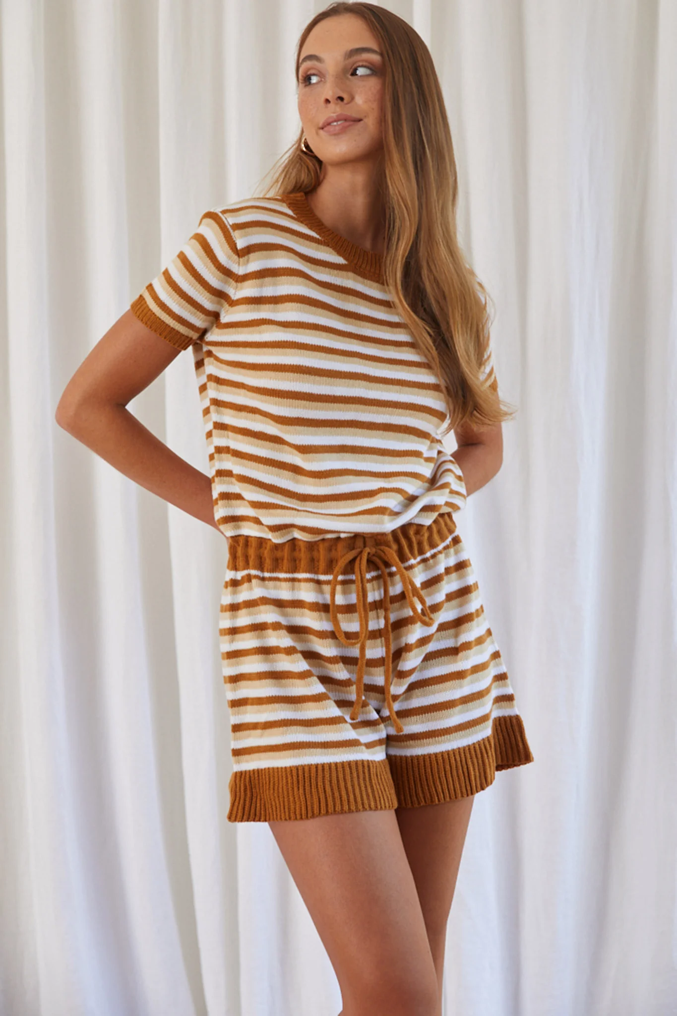 Johana Drawstring Romper Striped Camel - Image 3