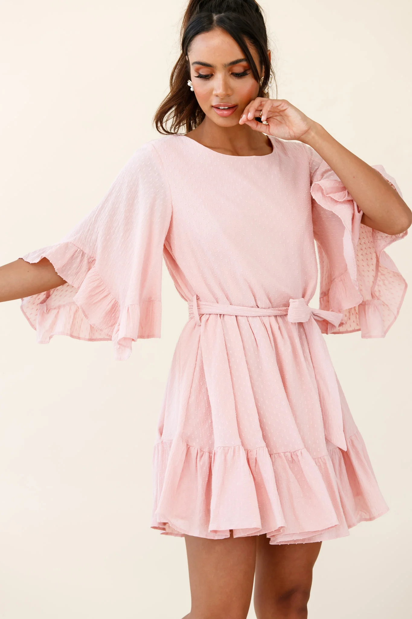 Joni Batwing Sleeve Waist Tie Dress Pink - Image 4