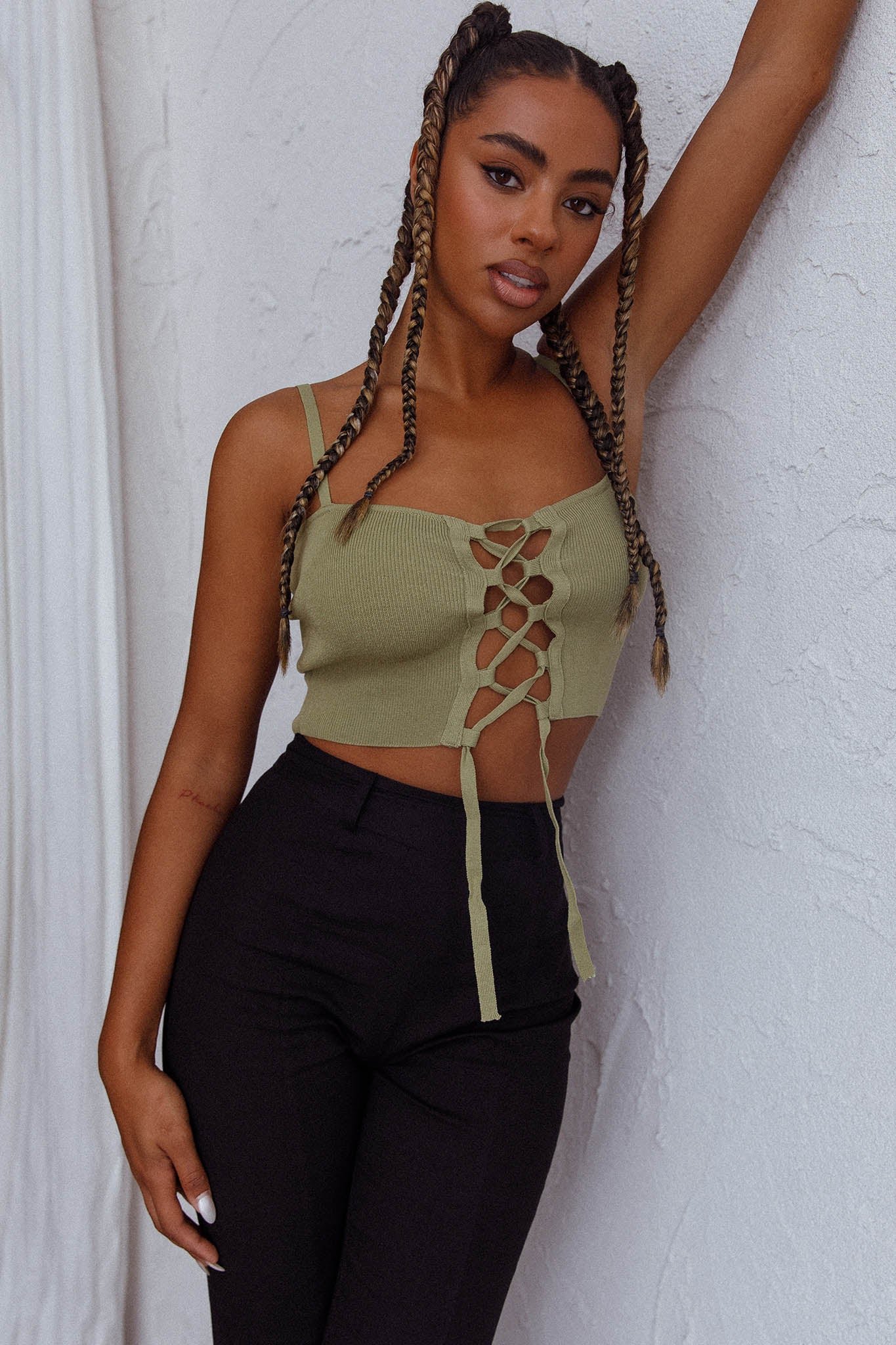 Jori Lace Up Crop Top Olive - Image 5
