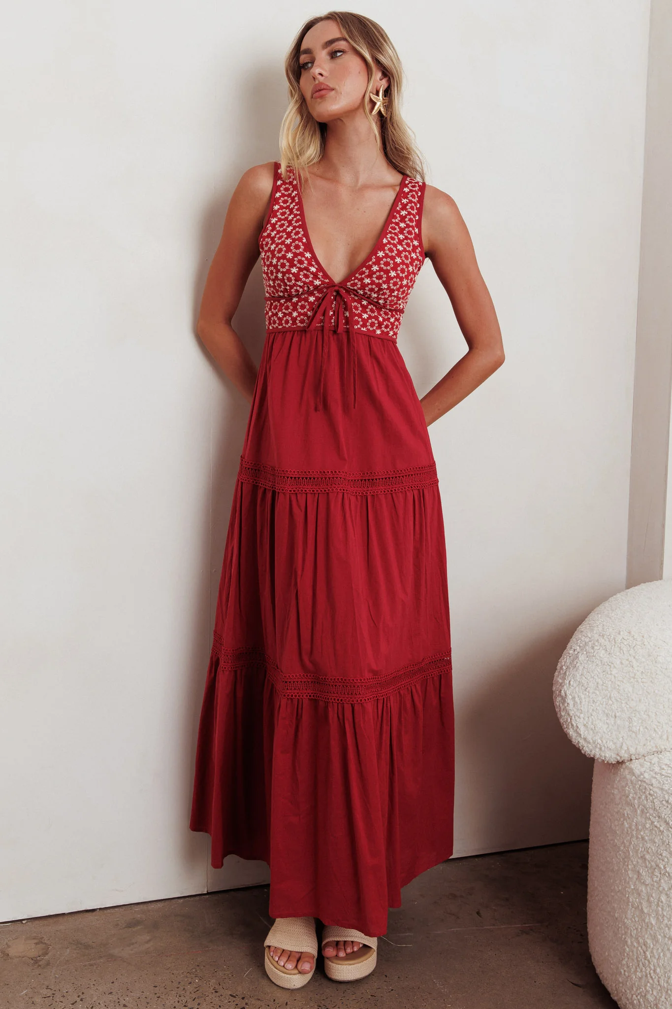Joycelin V-Neck Eyelet Maxi Dress Red - Image 5