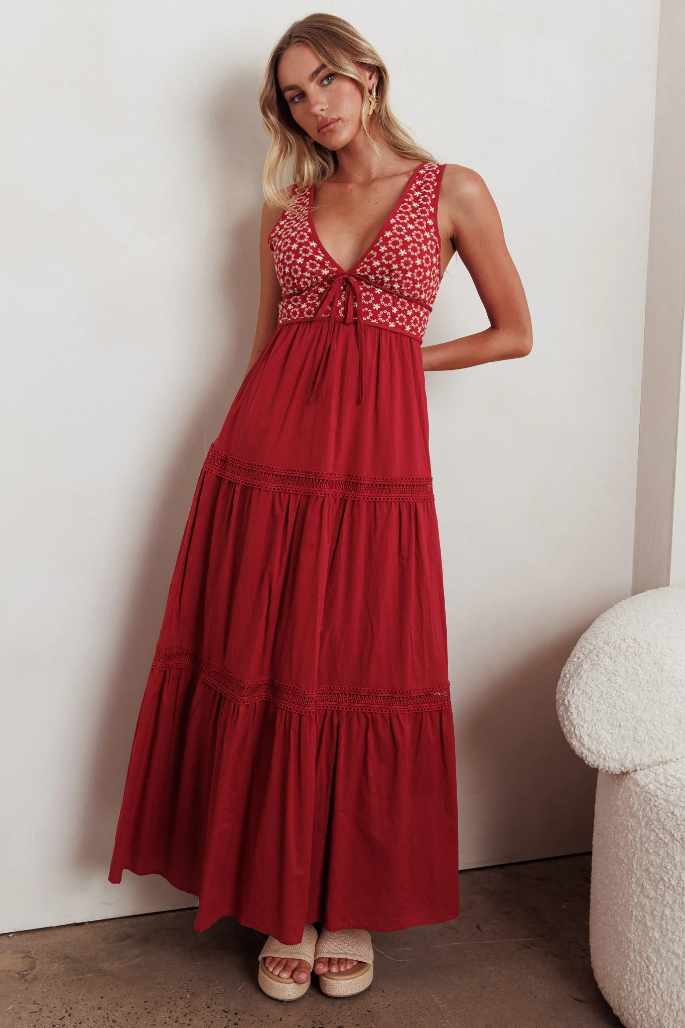 Joycelin V-Neck Eyelet Maxi Dress Red - Image 6