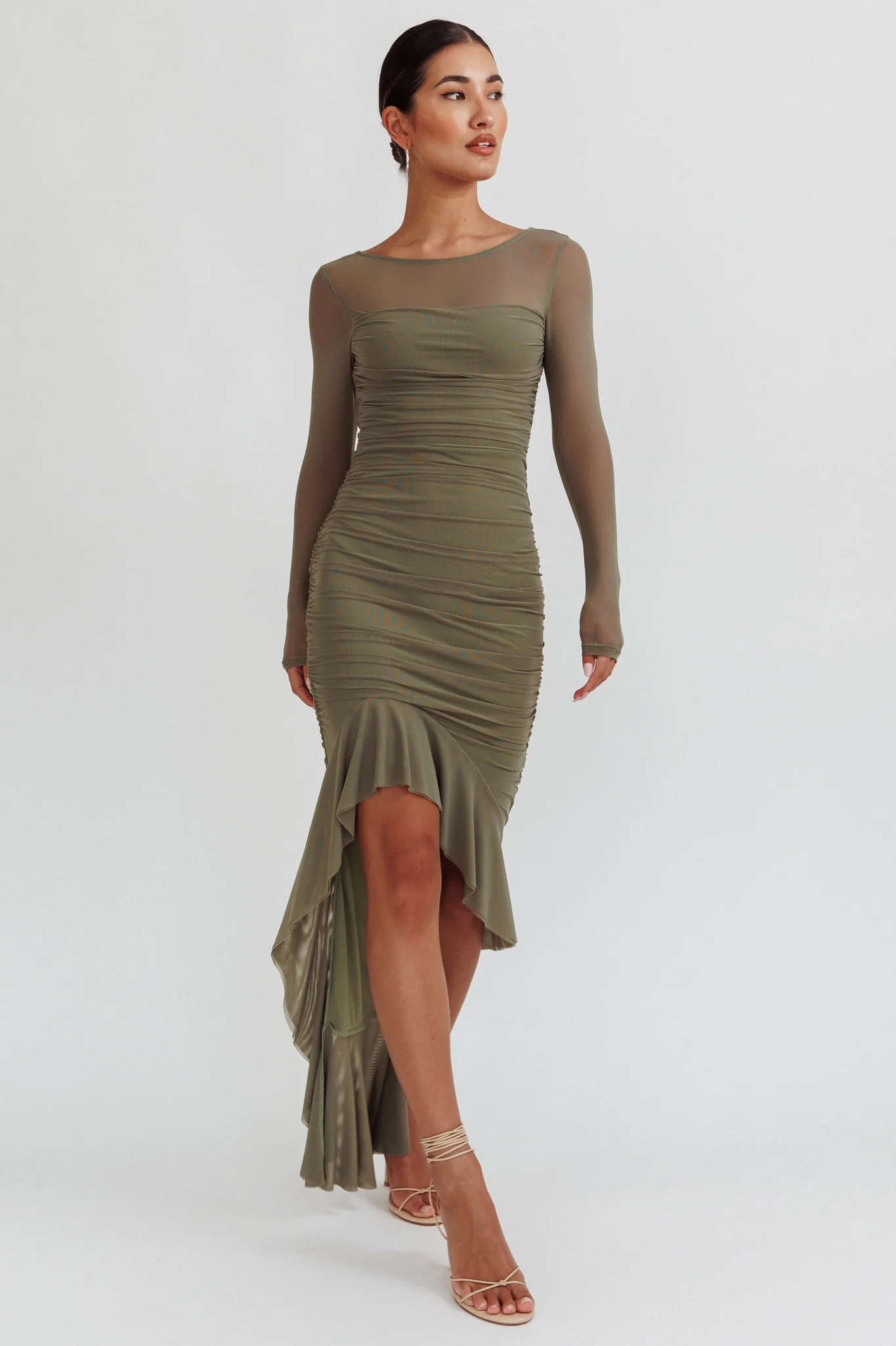 Jozelle Long Sleeve Ruched Maxi Dress Olive - Image 4