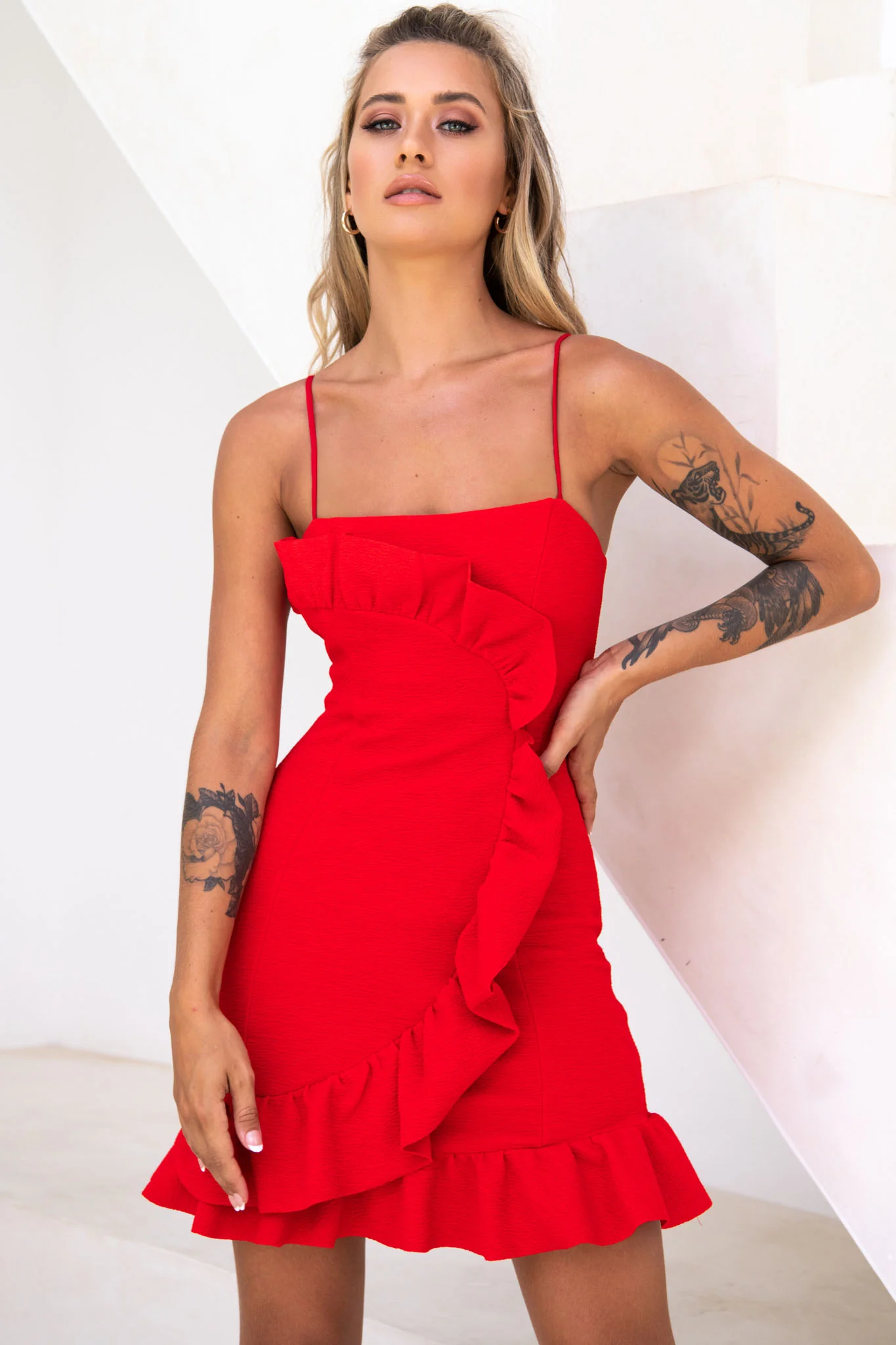 Juanita Half Moon Ruffle Detail Bodycon Dress Red - Image 5