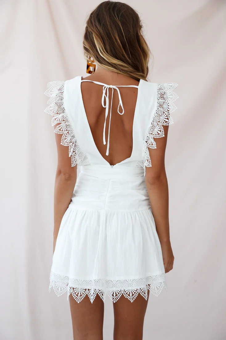 Juliet Gathered Detail Lace Trim Dress White - Image 3
