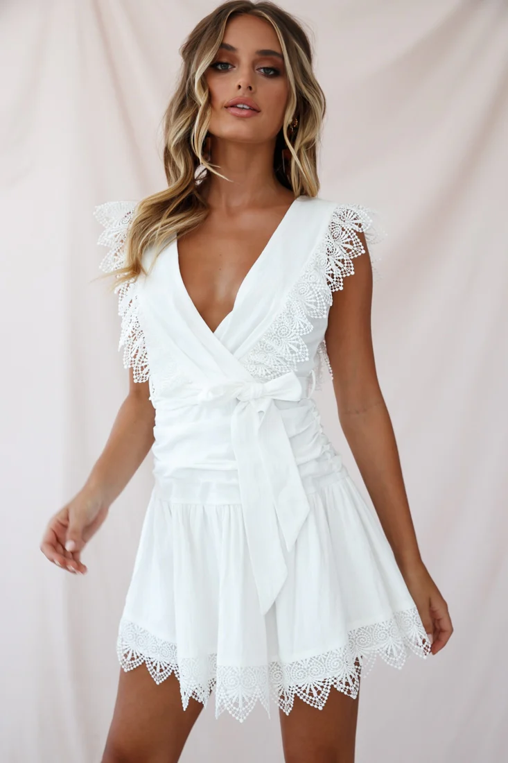 Juliet Gathered Detail Lace Trim Dress White - Image 5