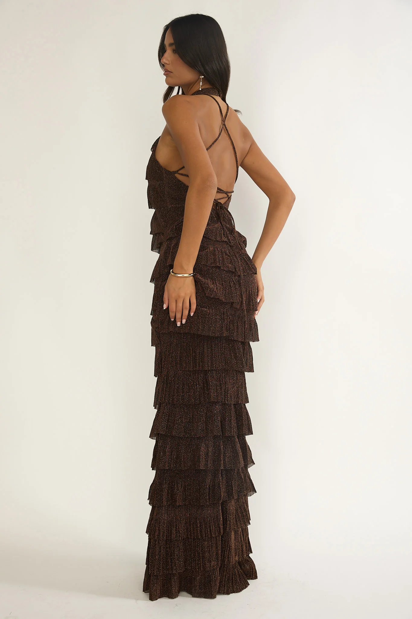 Kaelia Tiered Halter Maxi Dress Sparkle Brown - Image 5