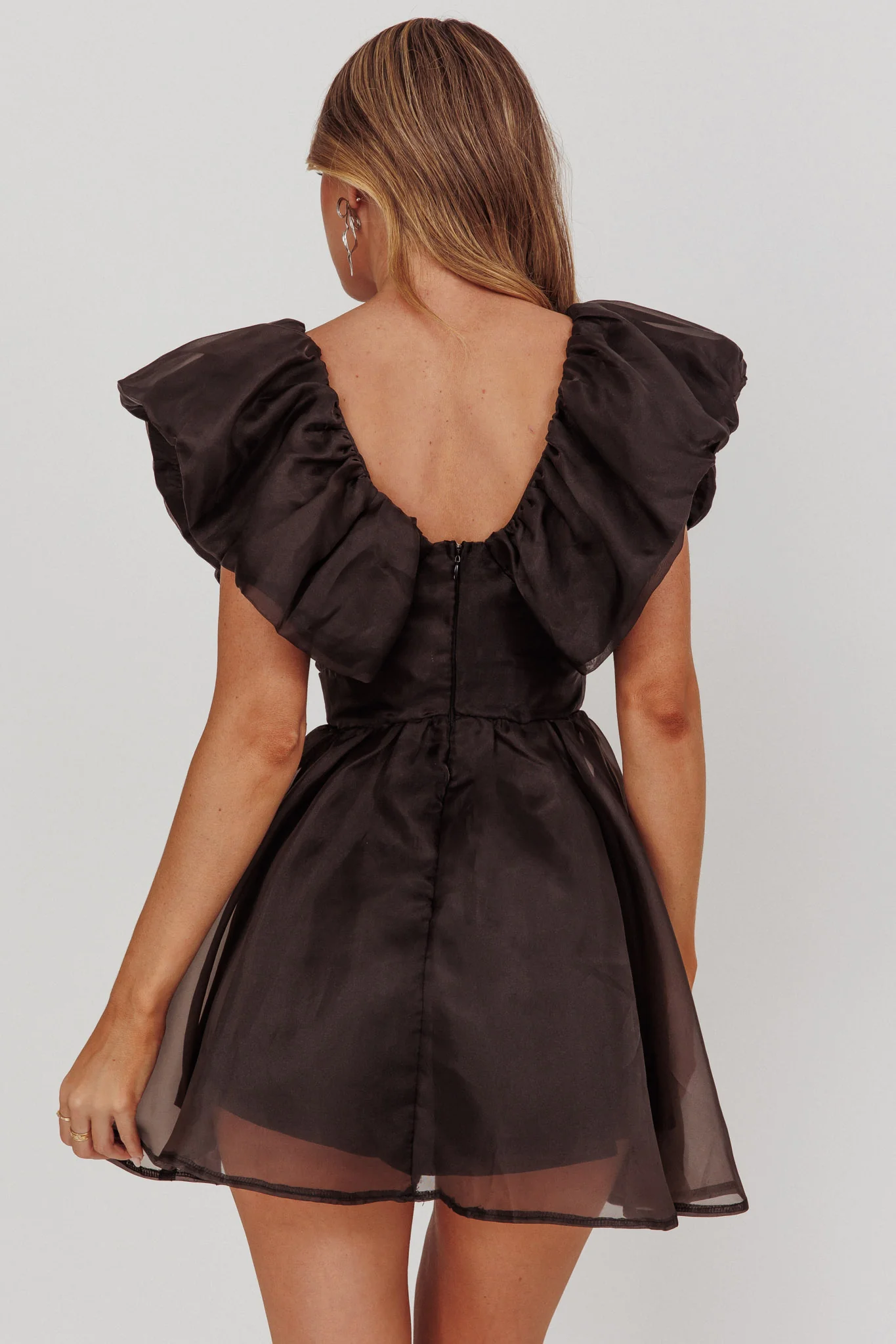 Kahlo Ruffle Neckline Mini Dress Black - Image 2