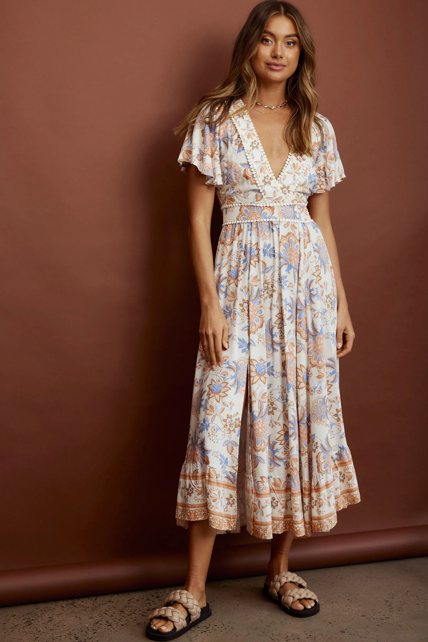Kailee Short Sleeve Midi Dress Beige/Rust - Image 8