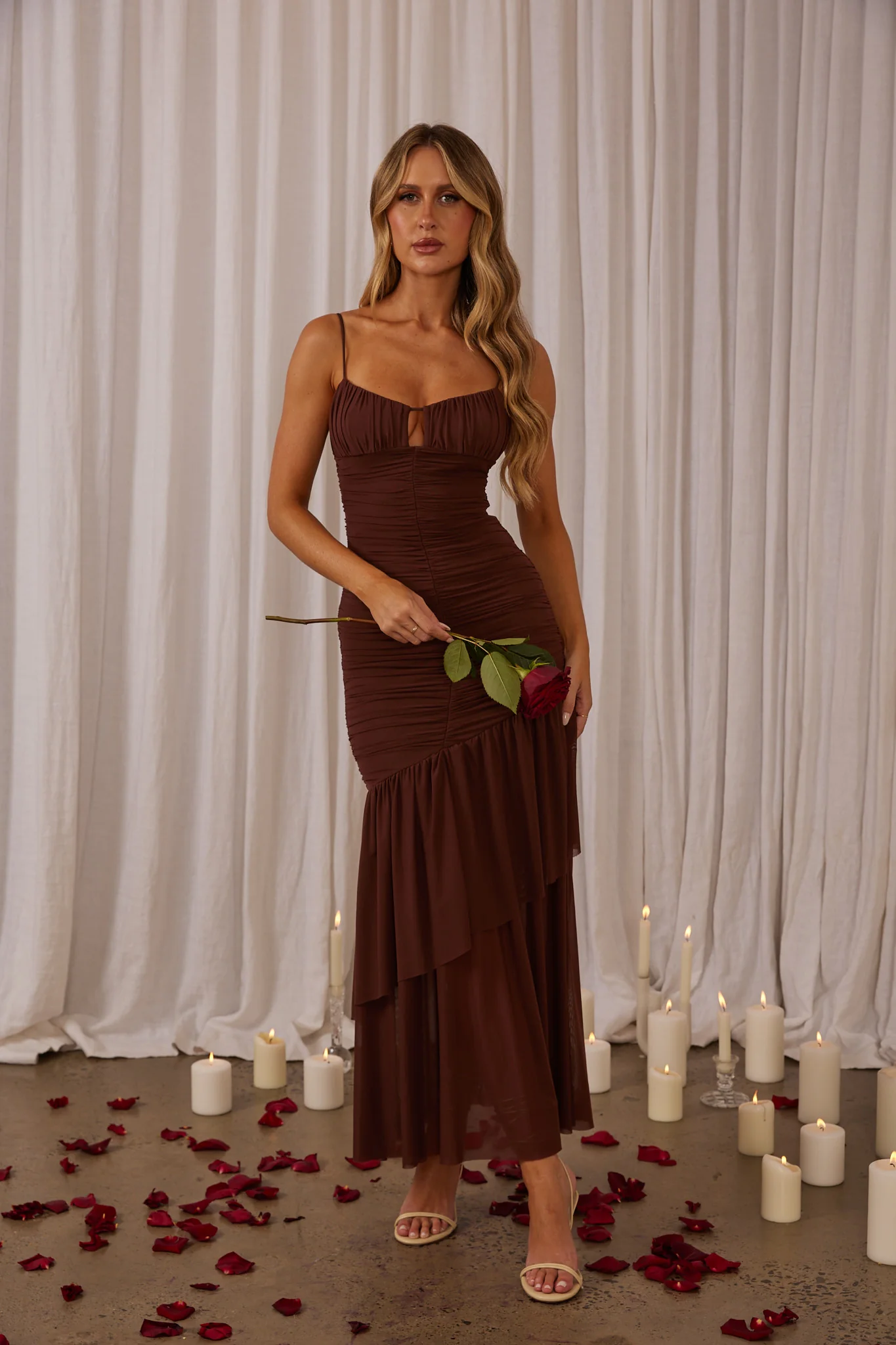 Kailua Ruched Tiered Hem Maxi Dress Chocolate - Image 11