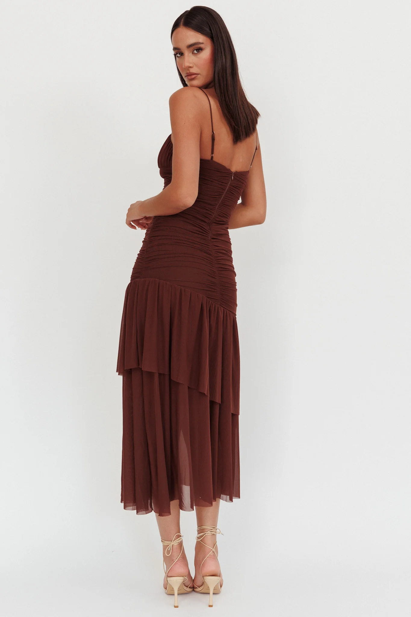 Kailua Ruched Tiered Hem Maxi Dress Chocolate - Image 2