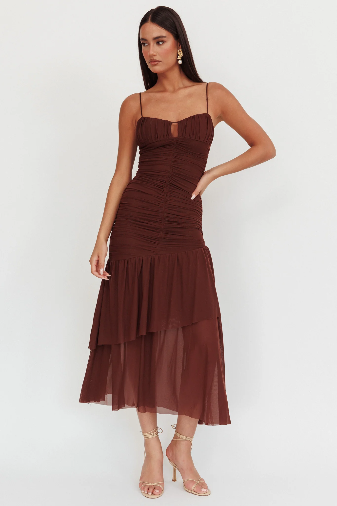 Kailua Ruched Tiered Hem Maxi Dress Chocolate - Image 4