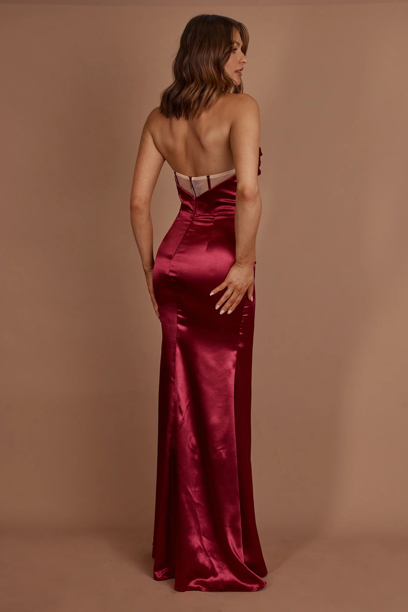 Kalisa Strapless Thigh Split Maxi Dress Burgundy - Image 2