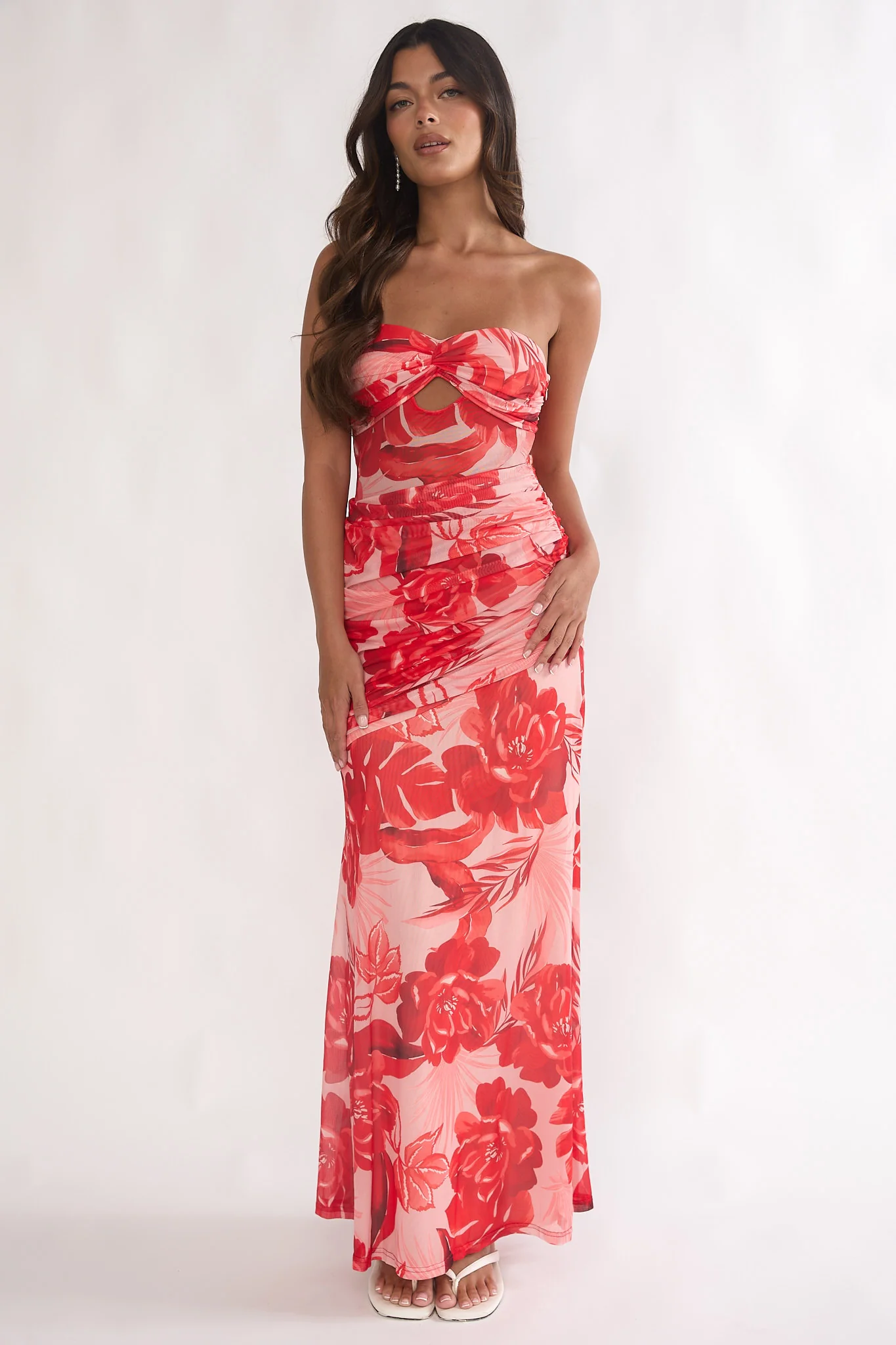 Kallira Strapless Ruched Maxi Dress Floral Red - Image 5
