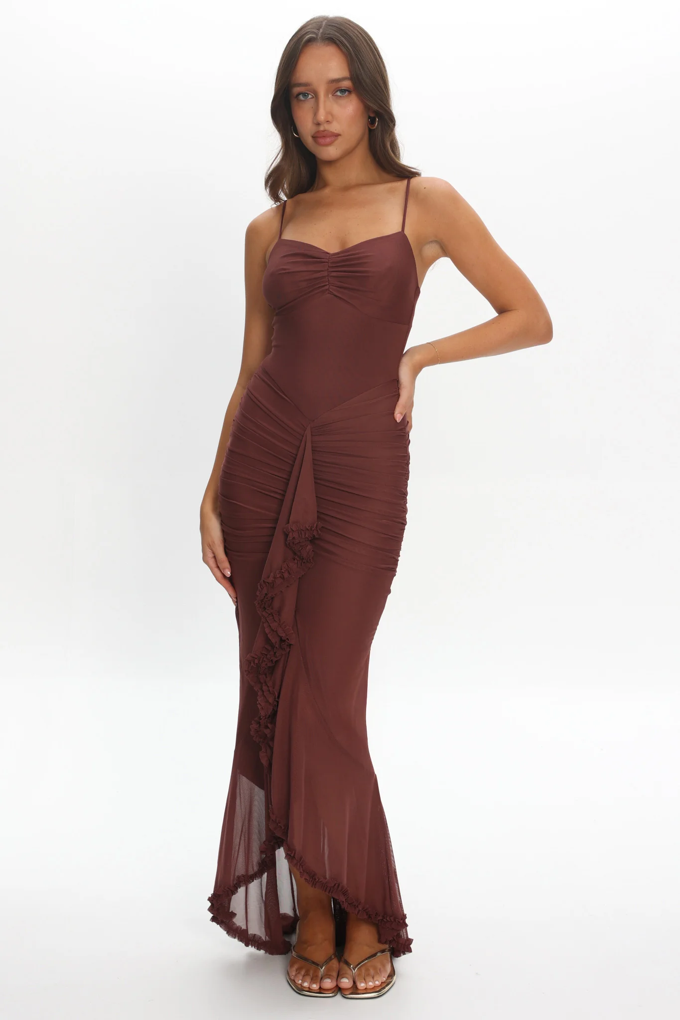 Kamilah Gathered Cascading Ruffle Midi Dress Maroon - Image 5