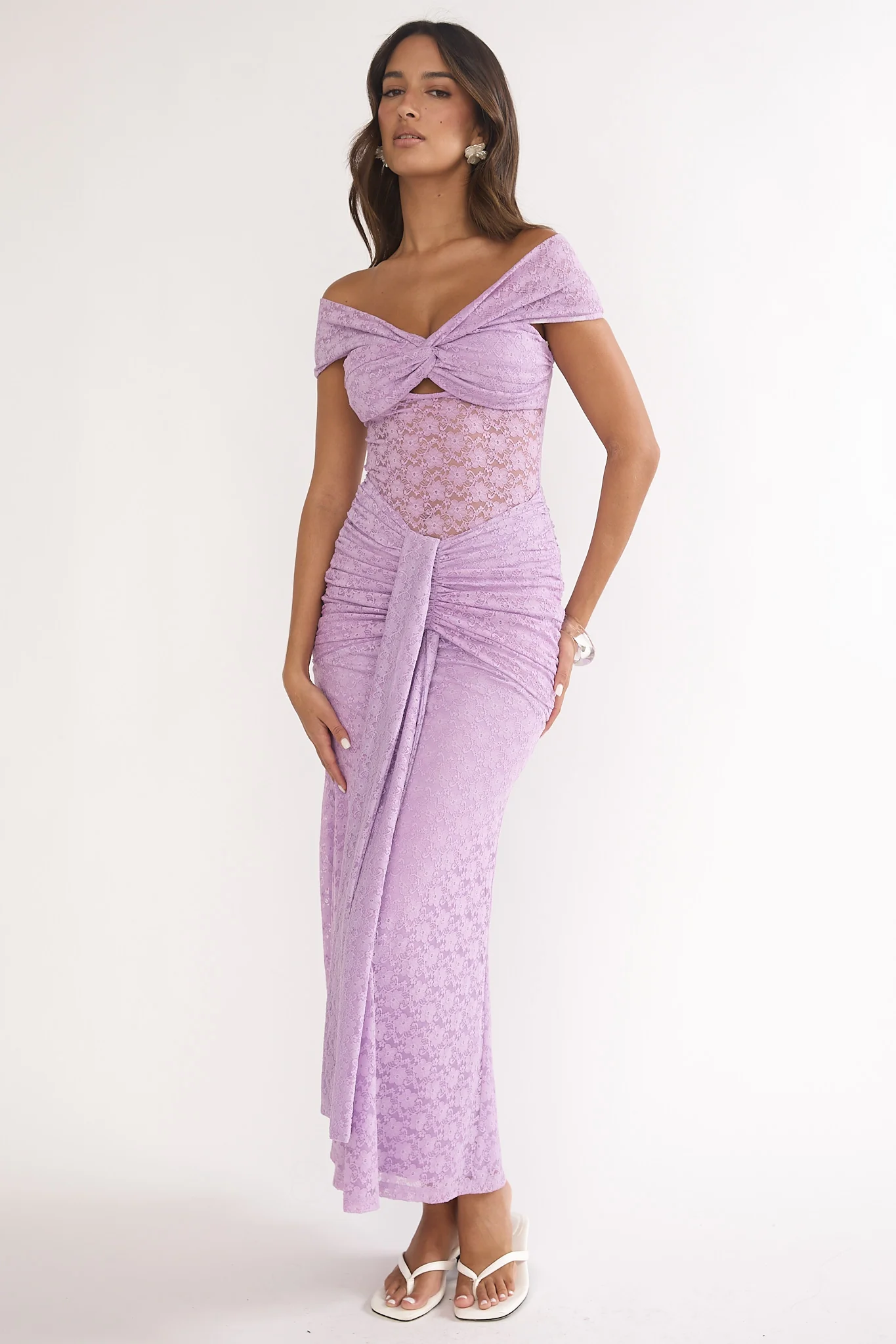 Kamilah Ruched Lace Maxi Dress Lilac - Image 5