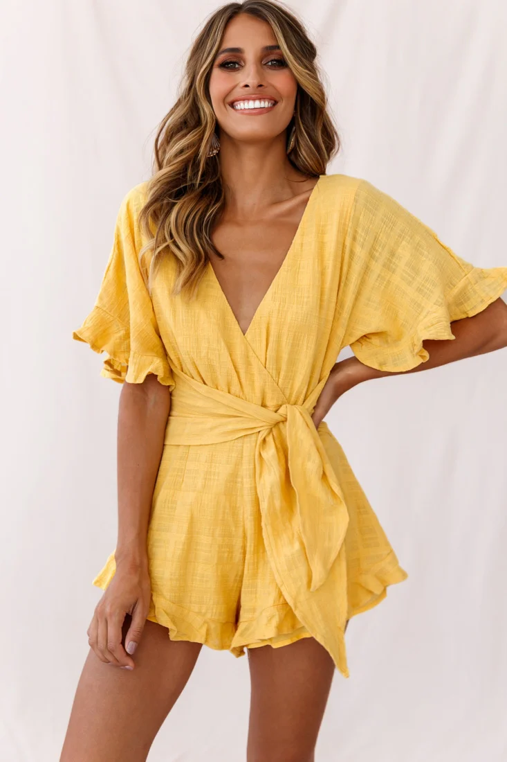 Karin Frill Trim Waist Tie Romper Mustard - Image 12