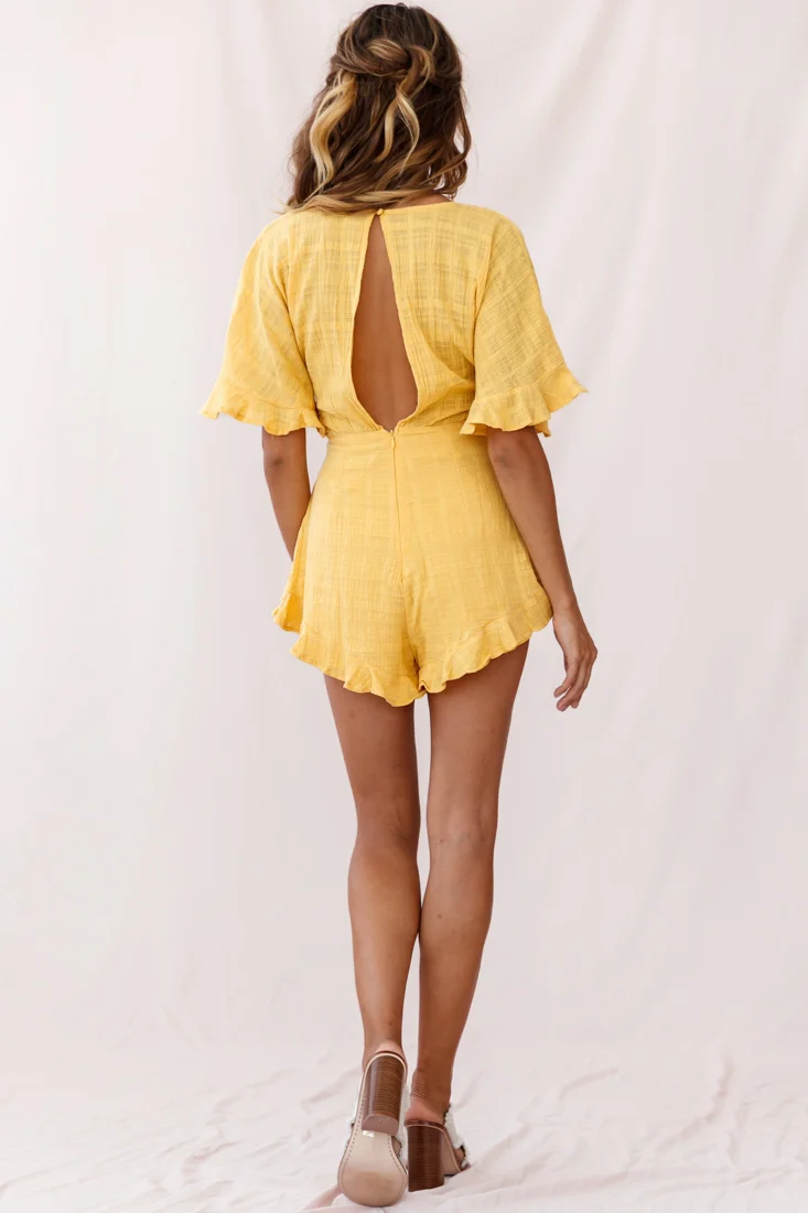 Karin Frill Trim Waist Tie Romper Mustard - Image 16
